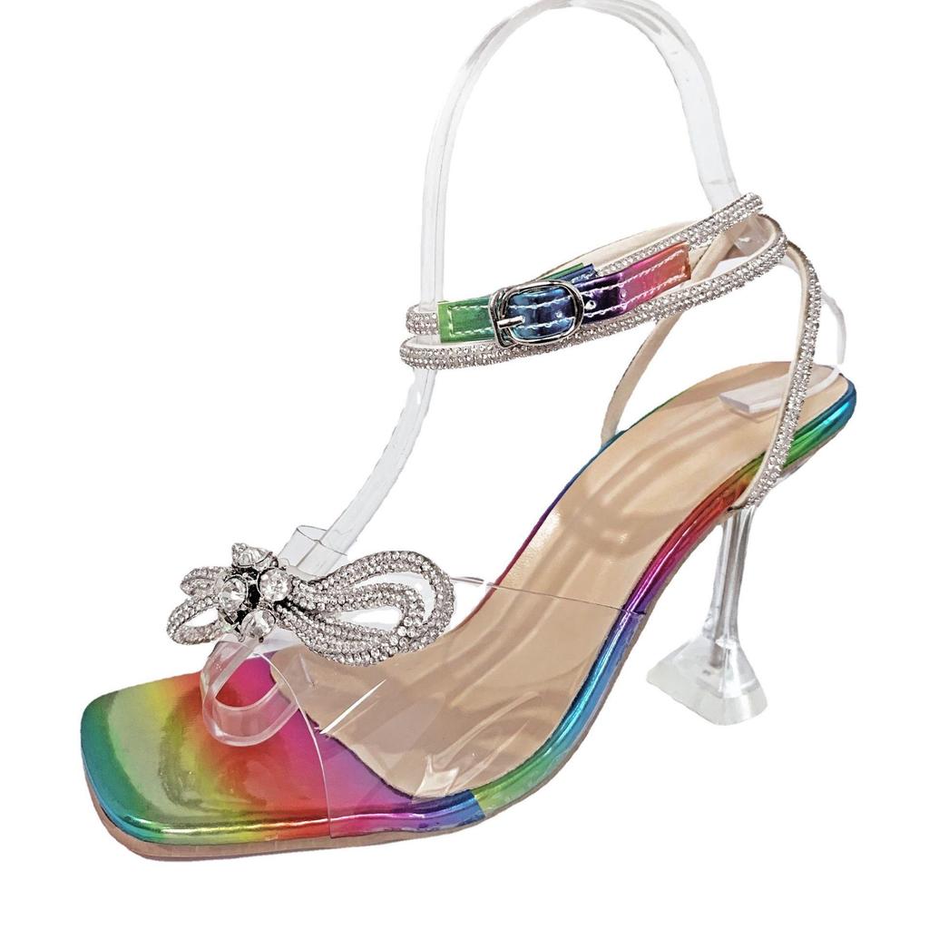 2023 Large Size Women's Roman Square Toe Sandals with Rhinestone Bow and Wine Glass Heel, Sizes 35-43