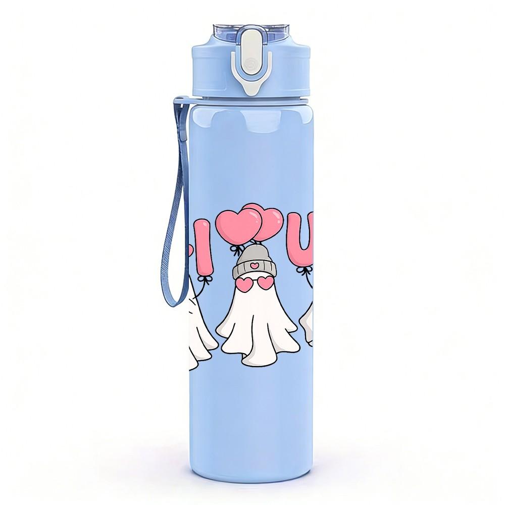1PC I Love You Two Little Ghost Print 750ml Color Plastic Sports Water Bottle Leakproof Flip Straw Lid Suitable for Sports Office Home Use