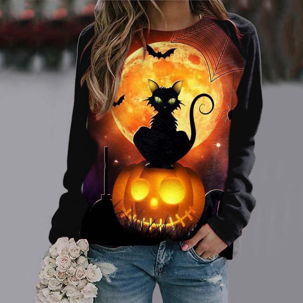 Round Neck Long Sleeved Color Blocked Women's Clothing 3D Printing Halloween Pumpkin Castle Dark Pattern Women Pullover