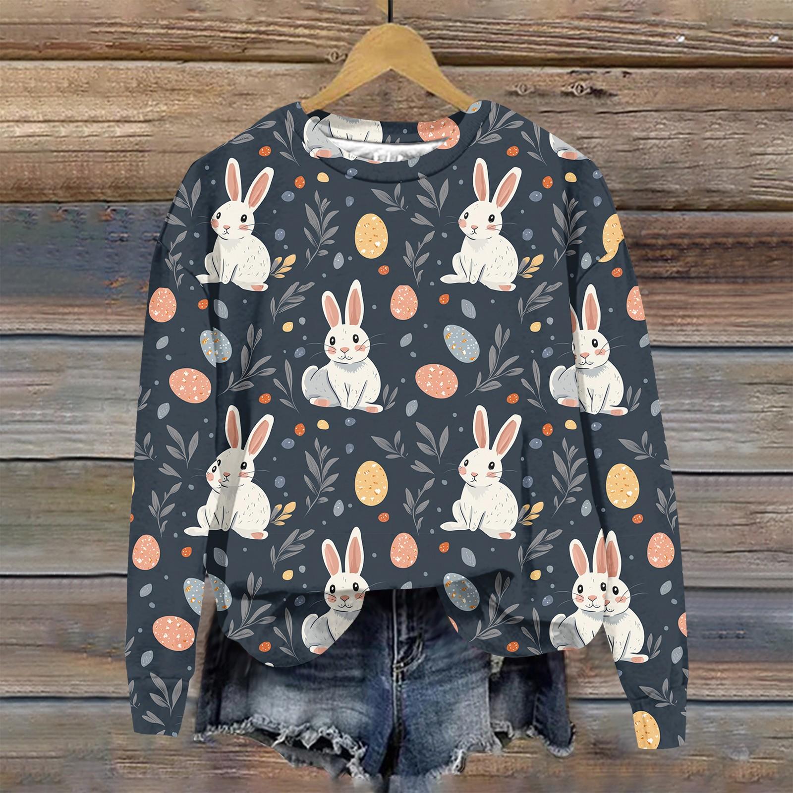 

Жіночий модний світшот з довгим рукавом вільного крою з круглим вирізом та великоднім принтом S Темно-синій