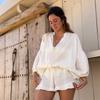 Women Casual Cotton Linen Ruffle Shorts Suits Long Sleeve Drawstring Linen Pullover 2 Ps Set Summer Ladies Beach Outfit Blouse