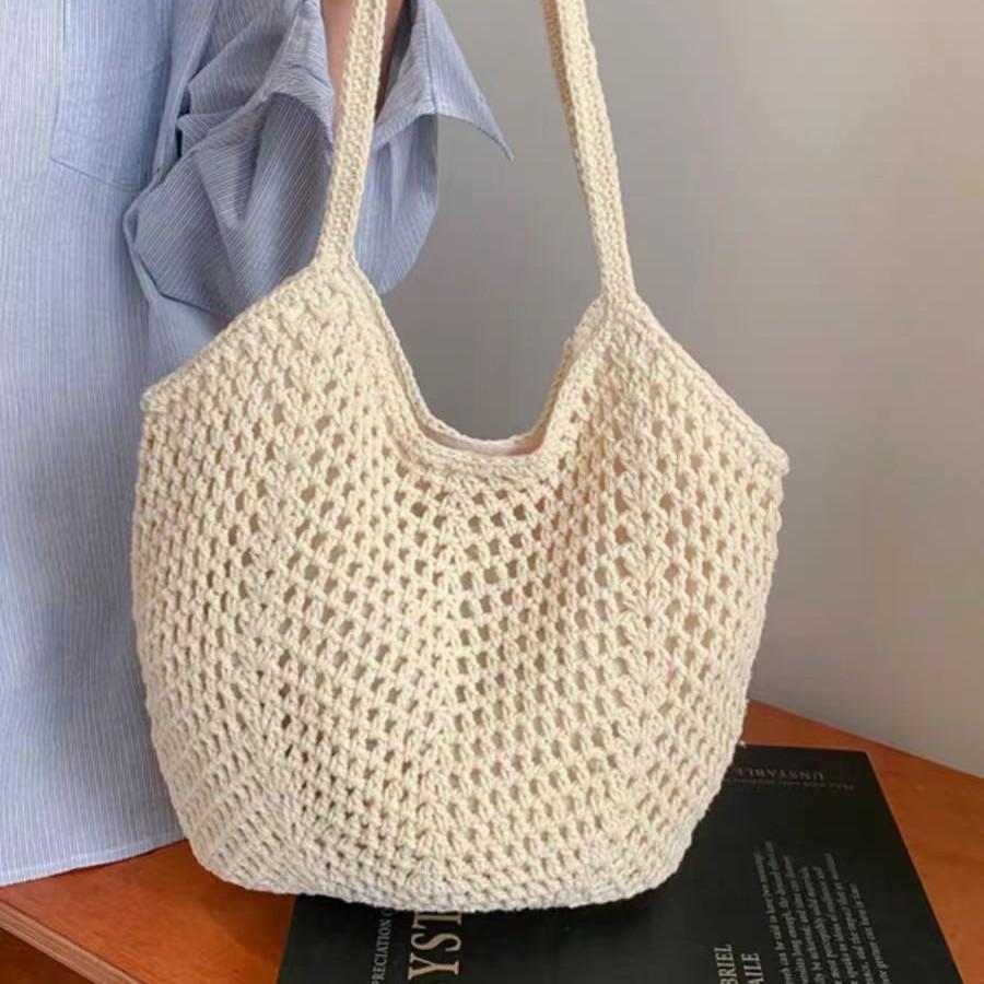 2025 Spring New Hollow Bucket Bag Shoulder Cotton Woven Bag Large Capacity Straw Bag Fashion Beach Women's Bag