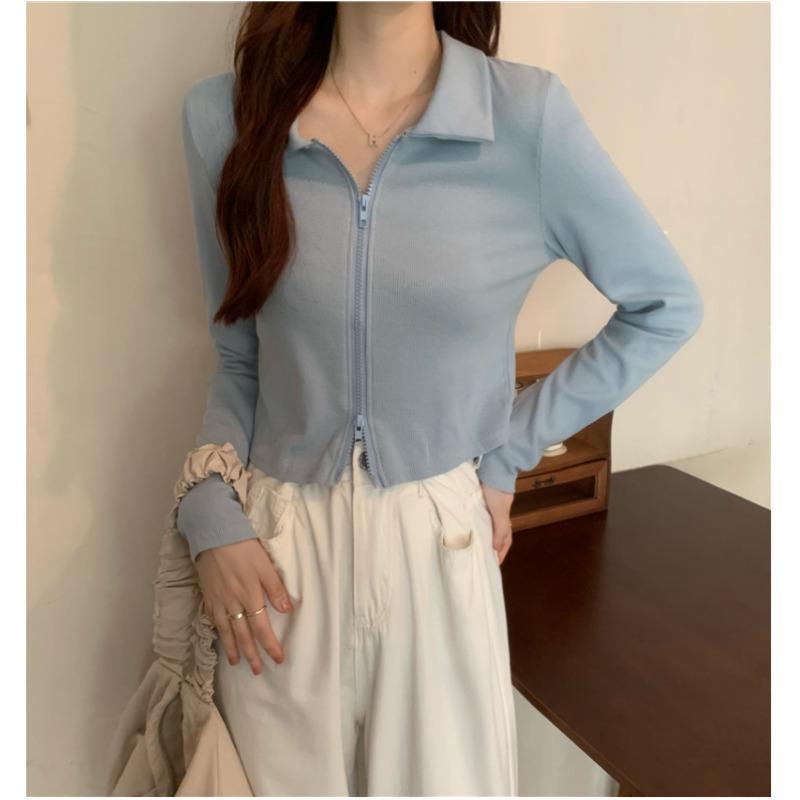 New Autumn Polo Collar Double Zipper Cardigan Long-sleeved T-shirt for Women's Design Short Cucumber Top
