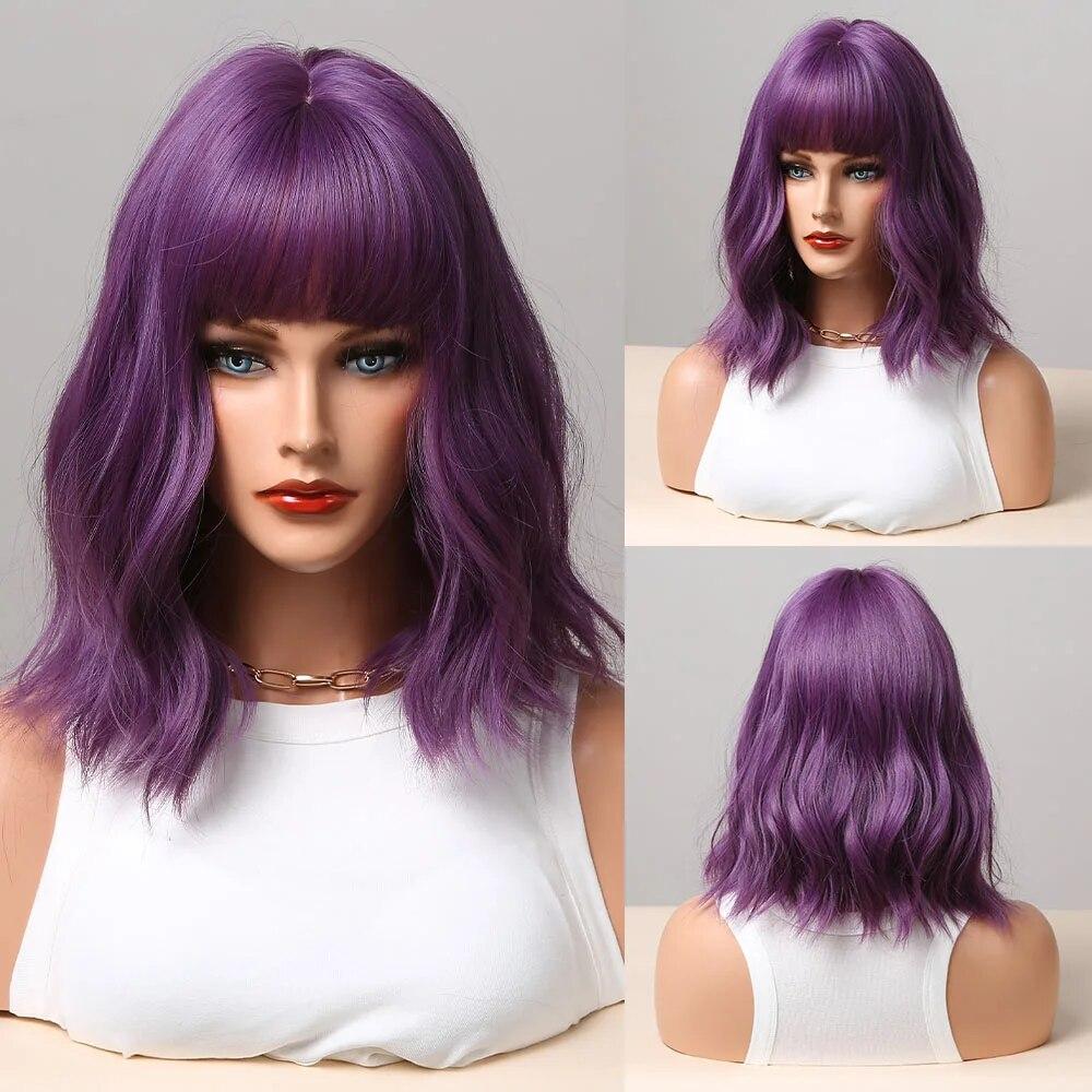 Short Straight Bob Synthetic Wigs with Bangs for Women Brown To Blonde Wig Cosplay Party Daily Heat Resistant Fiber Hair