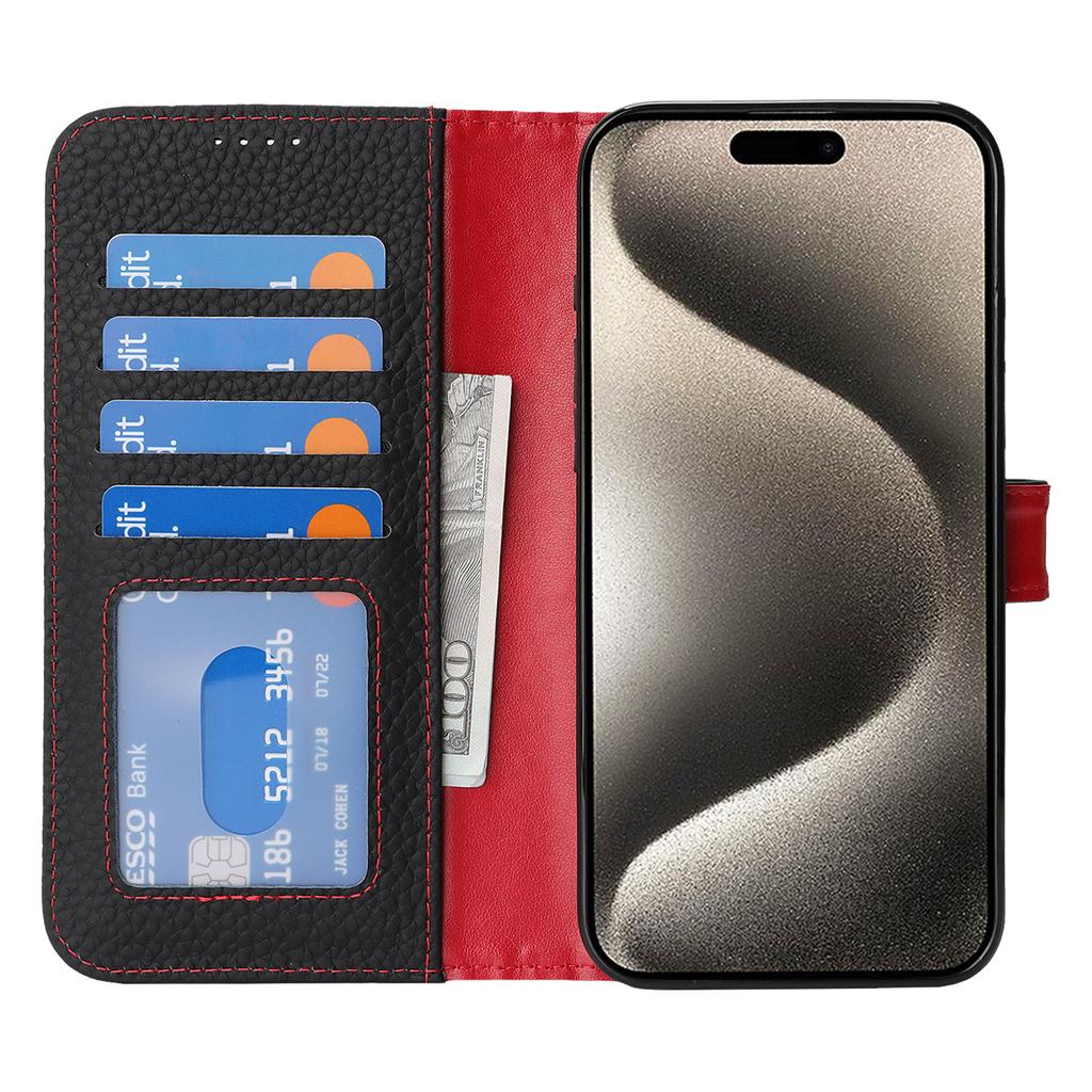 For iPhone 15 Pro Stand Case Litchi Texture Genuine Cow Leather Wallet Phone Cover RFID Blocking