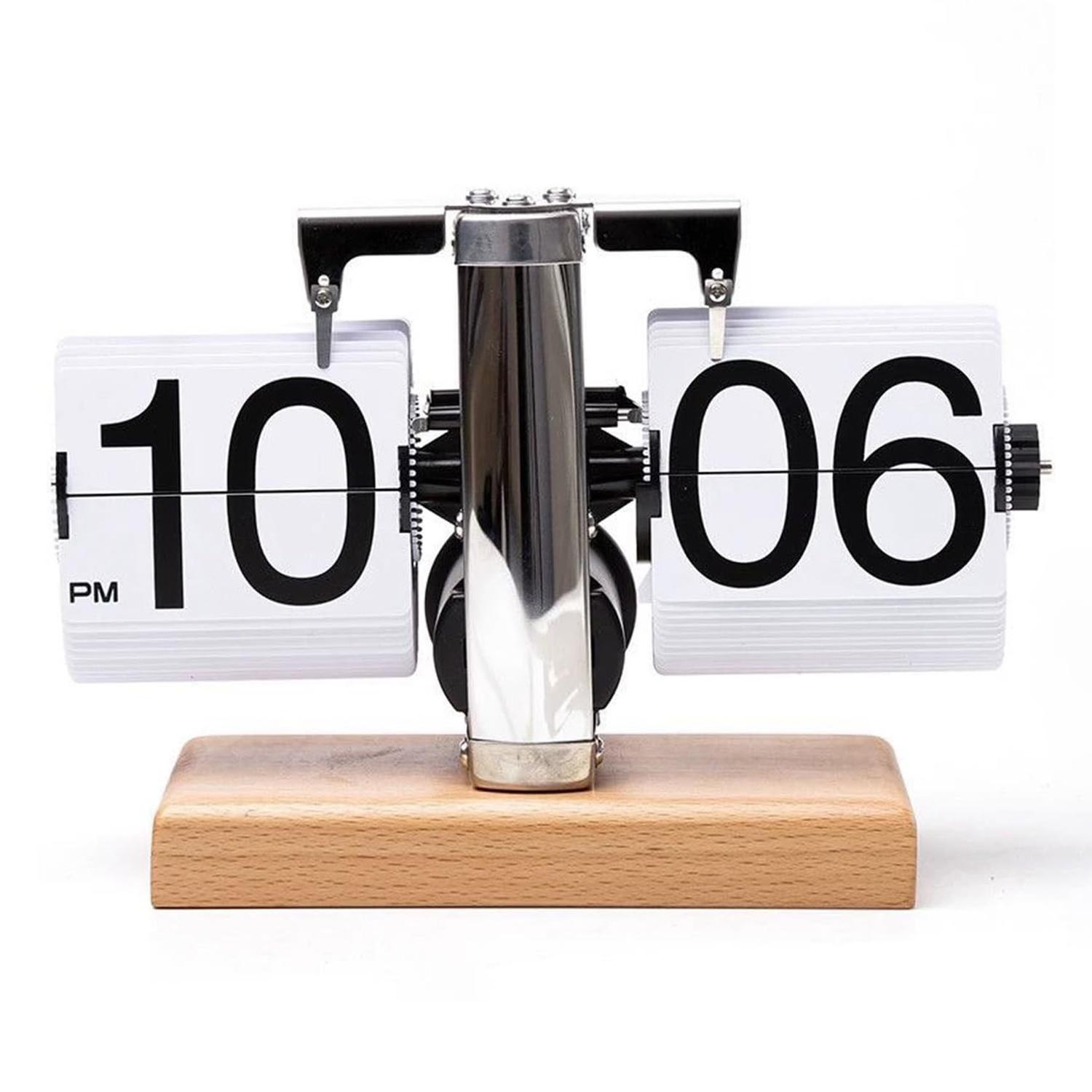 

Retro Auto Flip Clock Mechanical Balance Desk Clock with Beech Wood Square Base for Home A