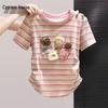 Women's Striped Cartoon Embroidered Short Sleeve T-Shirt