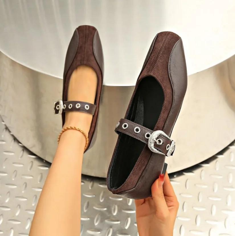 Fashion Buckle Strap Retro Women Mary Janes Shoes Luxury Female Footwear Shallow Ladies Ballet Flats Shoes Women's Topsiders