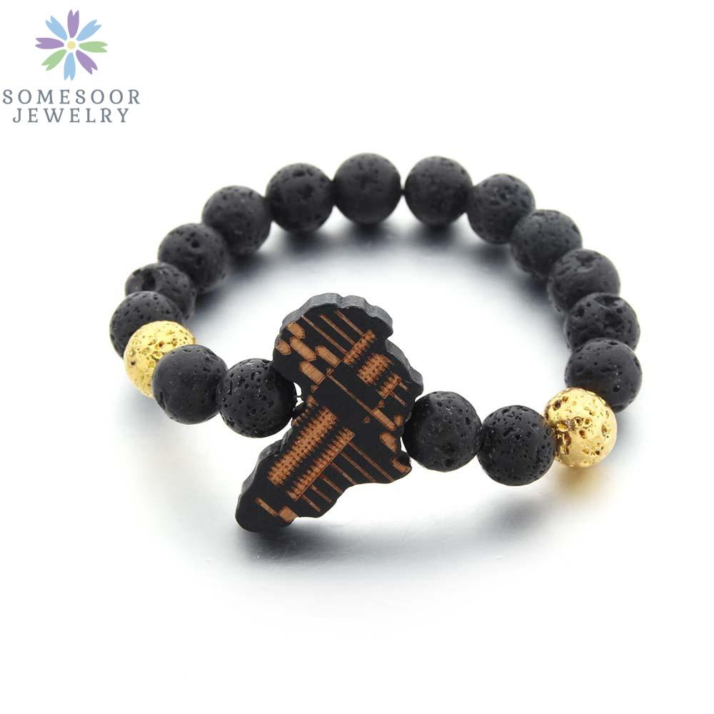 SOMESOOR Egyptian Ankh Bracelet Wood African Map Engraved Wristband Lava Stone Beads Ethinic Charms Bangle For Women Men Gifts