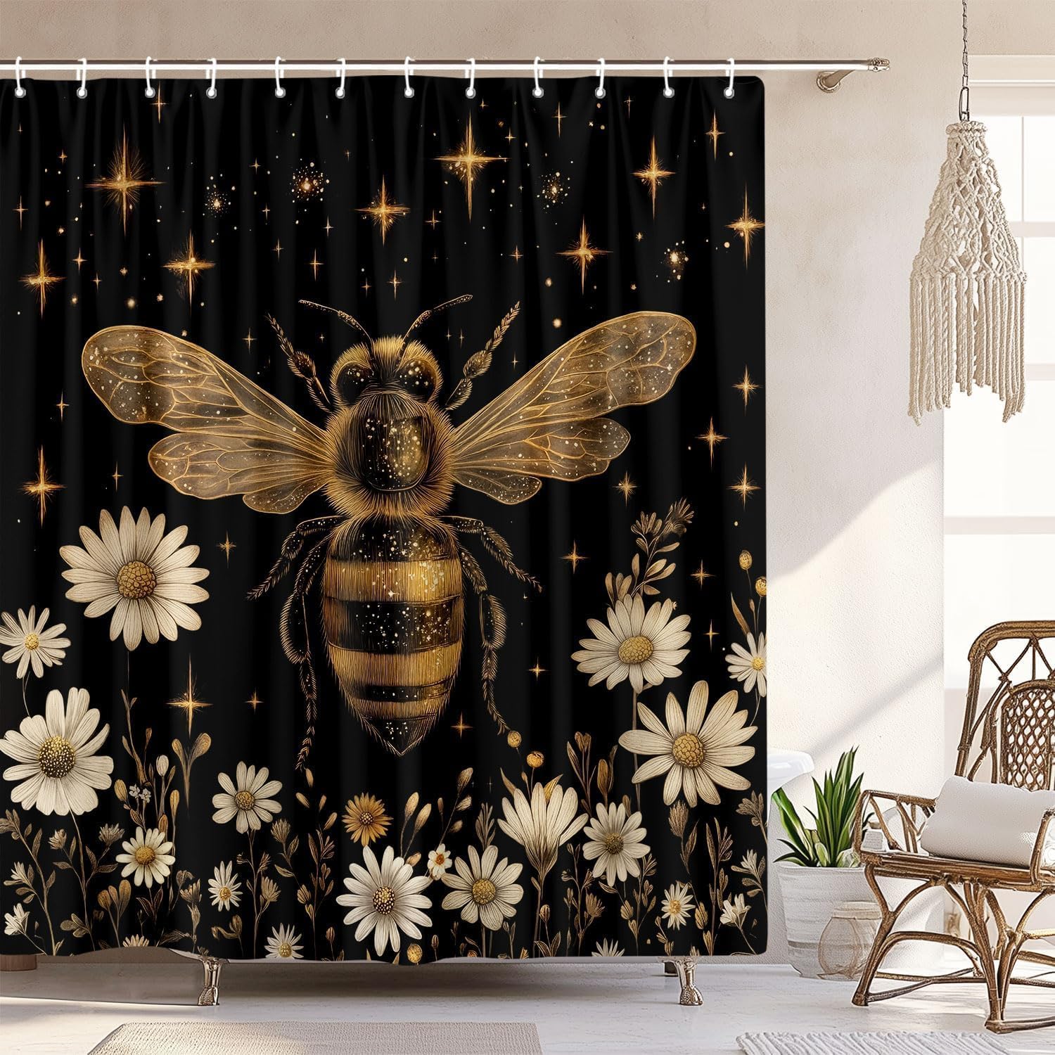 

Vintage Boho Shower Curtain Black And Gold Floral Bathroom Aesthetic Decorative, Funny Rustic Bee Daisy Flowers Witchy Eclectic W60H190(CM)-1 Pcs