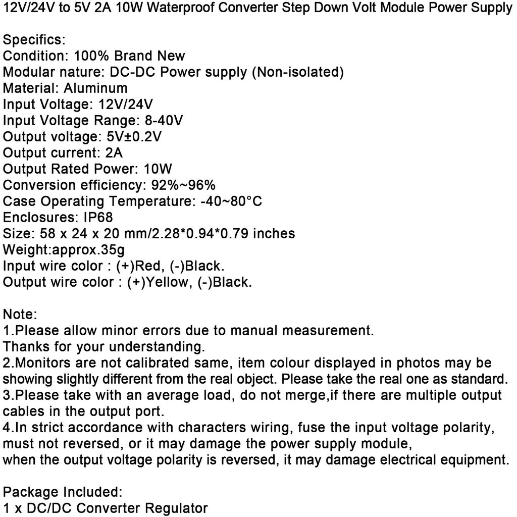 12V/24V to 5V 2A 10W Waterproof Converter Step Down Volt Module Power Supply