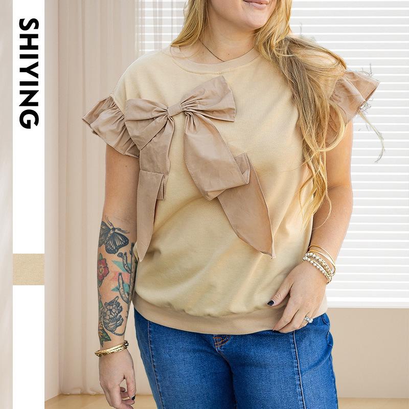 

Shiying Plus Size Summer Short Sleeve Bowknot T-Shirt - European & American Casual Fashion Pullover XL