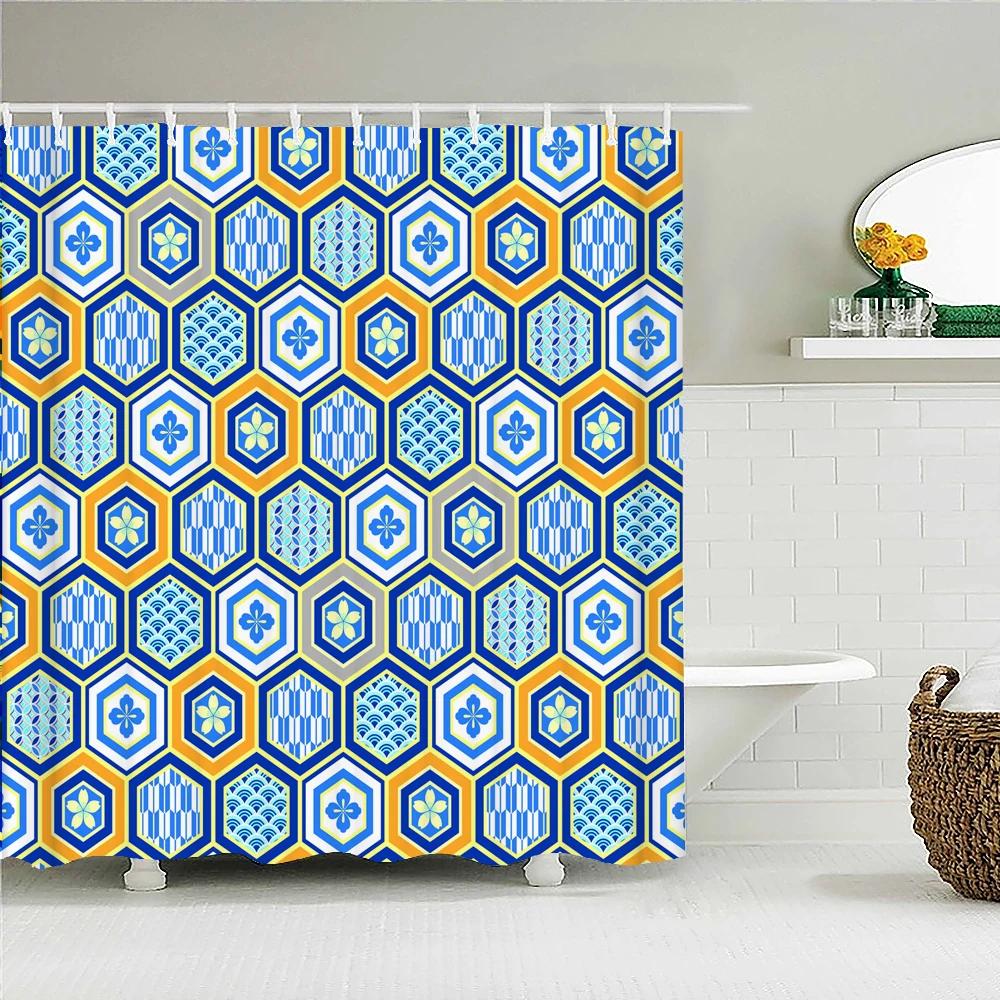 Boho téma Modré sprchové závěsy Koupelna Roztomilý 3D potisk Vodotěsná látka S háčky Geometrický vzor Dekorativní závěs do vany