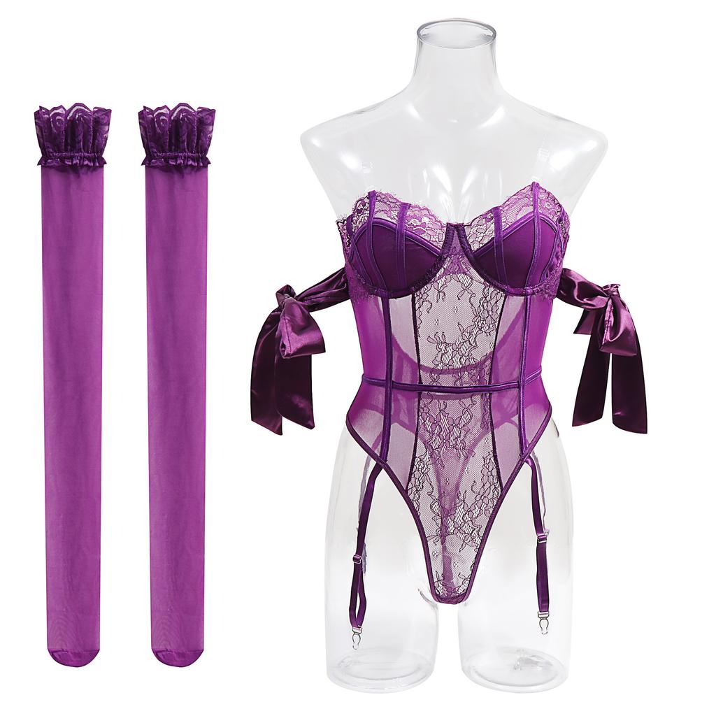 Purple Style Butterfly Bow And Silk Strap Sexy With Stockings Women Rompers Close-fitting Perspective Printing Pure Colour  GMCU