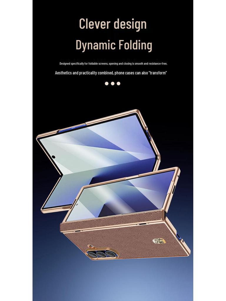 Genuine Leather Magnetic Phone Case for Samsung Z Fold7/6 - Electroplated Lychee Pattern Protective Shell with Integrated Film.