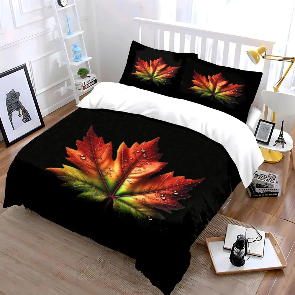 Colorful Leaf Decor Set Bedding Set with 1 Duvet Cover 2 Pillowcases Single Double King Queen Gift