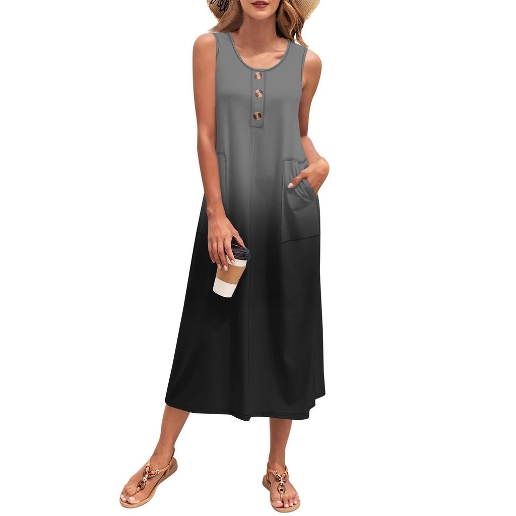 Women's Summer Gradient Print Dress Sleeveless Button Down Casual Loose Long Beach Sundress