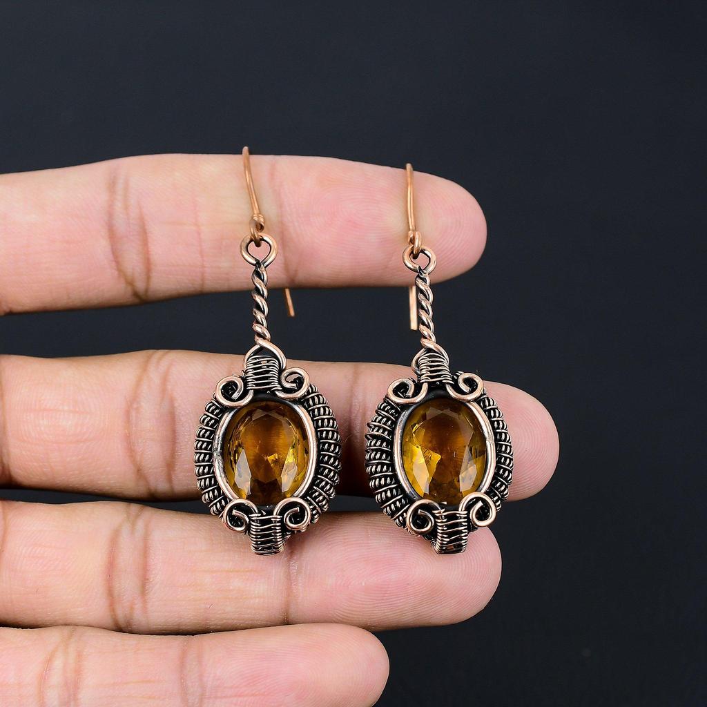 Citrine Gemstone Handmade Pure Copper Wire Wrapped Earrings Jewelry For Memorial Day