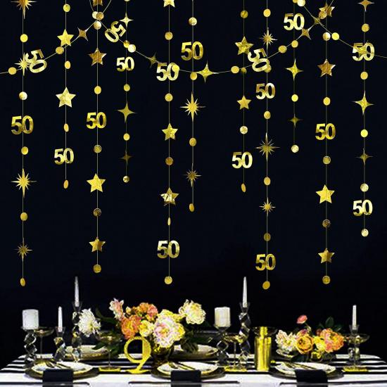 Gold 50th Birthday Decorations Number 50 Circle Dot Twinkle Star Garland Metallic Hanging Streamer Bunting Banner Backdrop for 50 Year Old Birthday