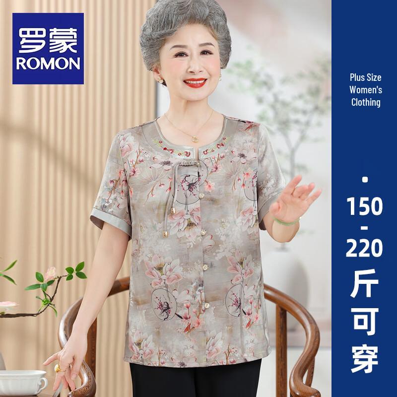 ROMON Women s Plus Size Chinese Style Print Loose Short Sleeve Top 4XL