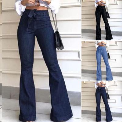 Women Jeans High Stretch Wide-Leg Pants Lace-up Button Zipper Fly Denim Pants with Pockets