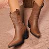 Fashion Retro Pointed-Toe Western Cowboy Boots Thick Heel British Style Embroidered Mid-Calf Knight Leather Boots Versatile Knight Boots