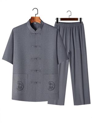 Men's 2025 Summer Chinese Style Ice Silk Tang Suit Set: Short Sleeve for Middle-Aged & Elderly