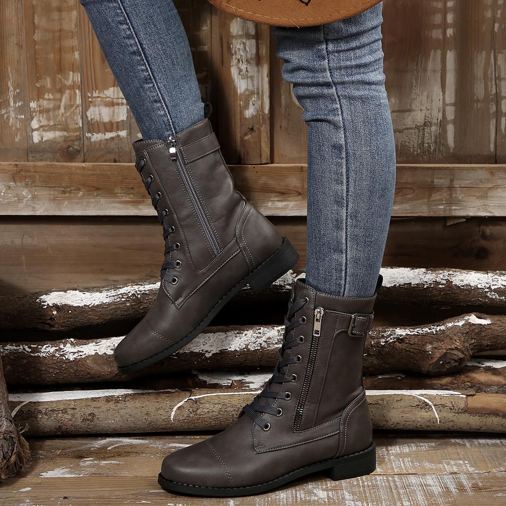 Women Mid-Calf Boots New Plus Size Retro Women Western Boots Punk Lace Up Zipper Mid Calf Boots Ladies Outdoor Comfortable Shoes