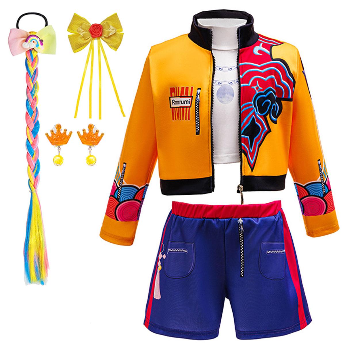 Ensemble de Tenue Mode Enfant Fille Veste Imprimée Short Costume Avec Couronne Tressée Violette Accessoires Halloween Fête d'Anniversaire Robe (as the picture,7-8T(tag 140)) yellow