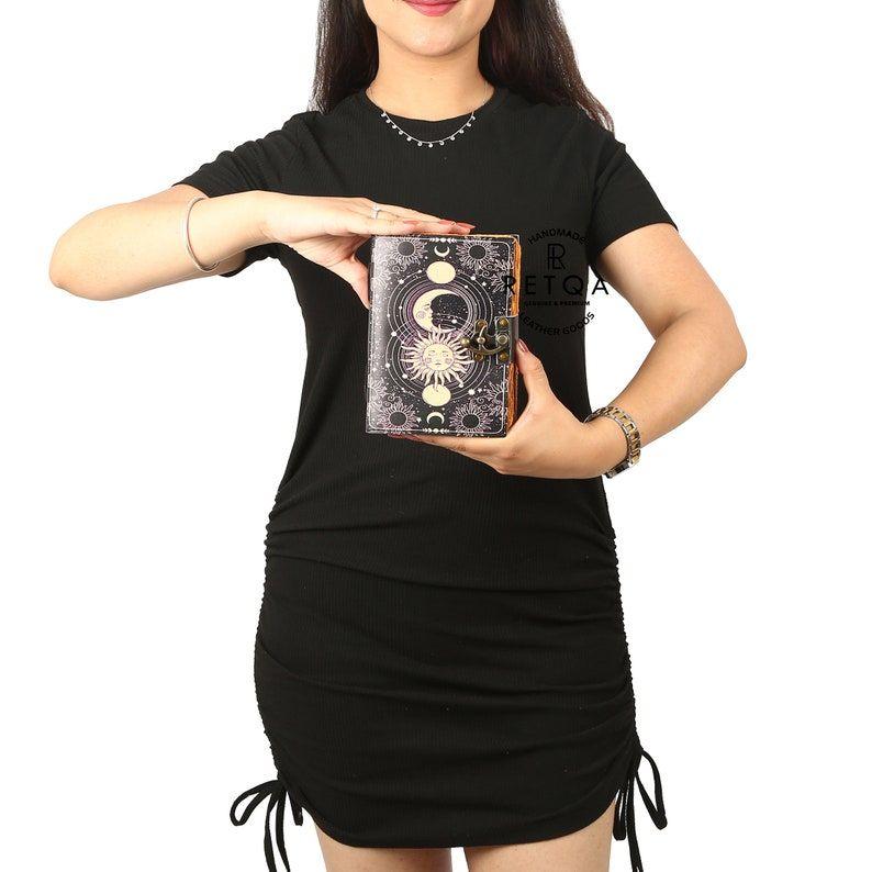 Celestial Sun & moon Handmade vintage leather journal • Deckle edge paper, Blank spell book of shadows grimoire journal, gift for him her