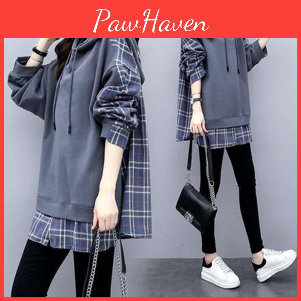Fake Women Two Piece Casual Hoodies Sweatshirts Fashion British Style Fake Plaid Shirt Loose Spring Pullover