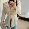Fairycore Lace Up Blouse Women Long Sleeve New Turn Down Collar Shirts Feminina Ladies Cropped Tops Korean Fashion Chic