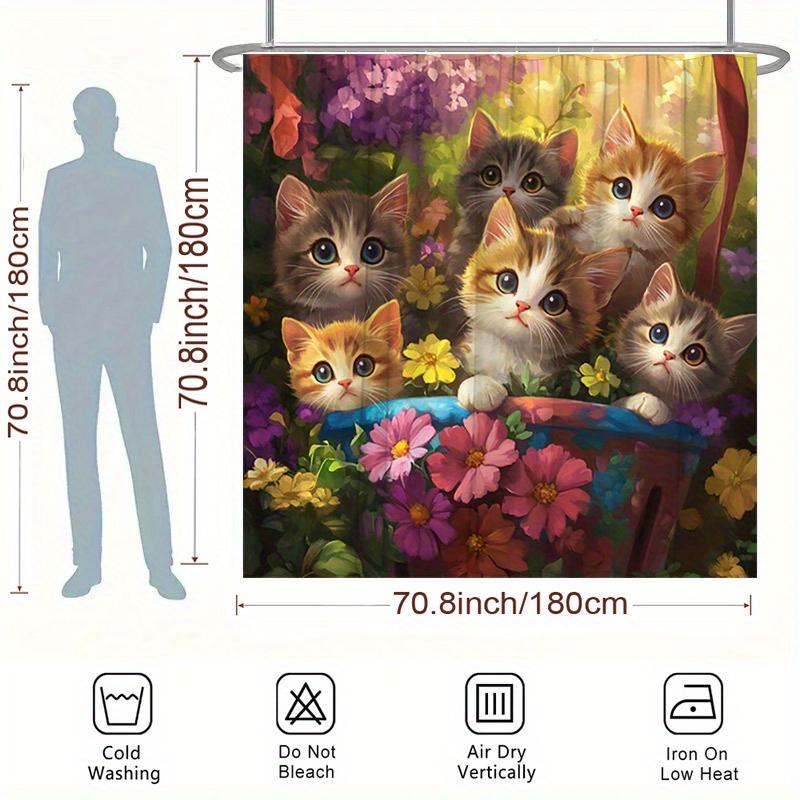 Adorable Kittens & Vibrant Flowers Shower Curtain - Playful Polyester, 12 Hooks,Washable & Easy To Hang, Ideal For Bathtub