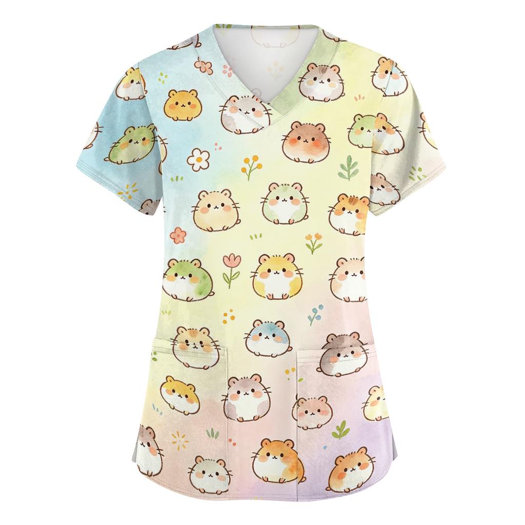 Women's V Neck Short Sleeve Work Top with Pockets Animal Print Scrub Shirt for Healthcare Professionals Medical Uniform