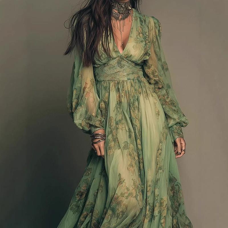 Women's Floral Maxi Dress V Neck Long Sleeve Boho A Line Vacation Long Dress