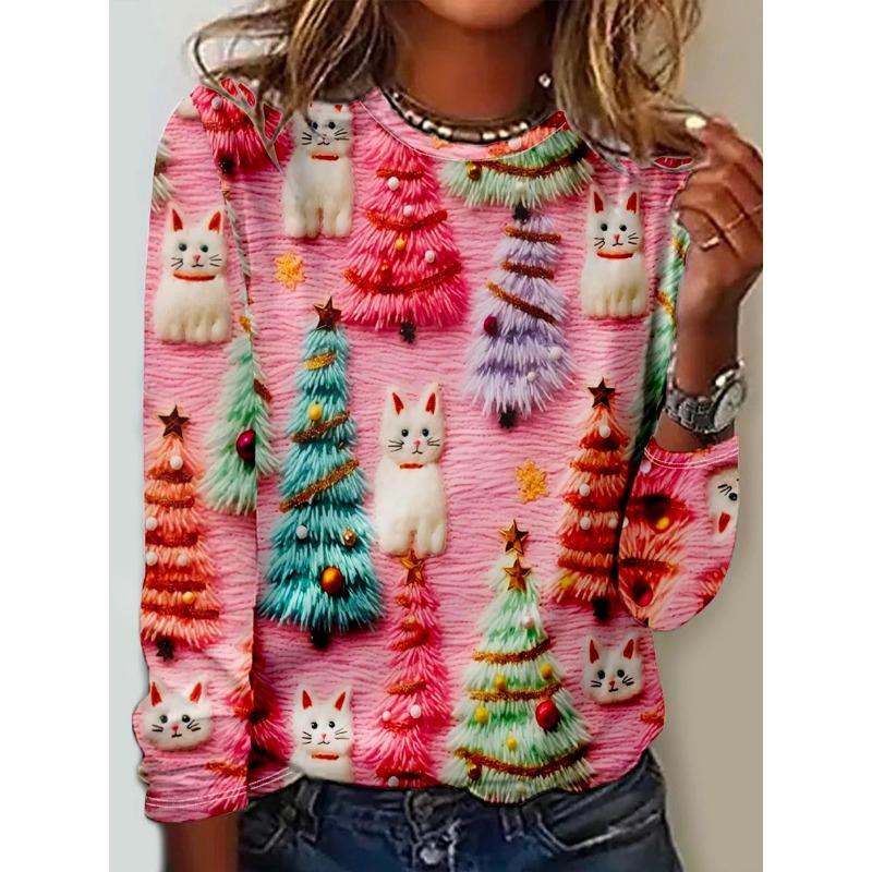 Rundhals 3D Katze Bedrucktes Oberteil Lässige Langarm Damen T-Shirts - Weicher Mitteldehnbarer Polyesterstoff Frühling und Herbst Relaxed Fit Kleidung