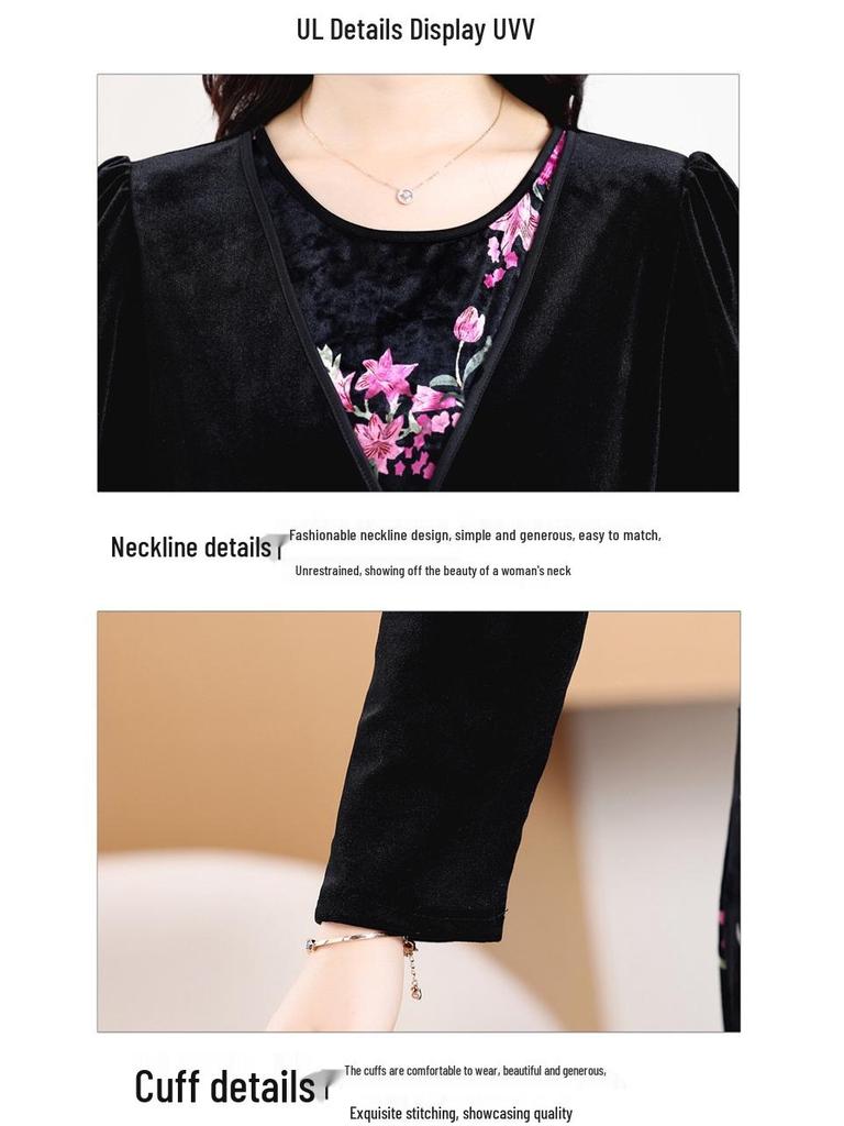 Gold Velvet Patchwork Two-Piece Dress for Middle-Aged Women - Age-Reducing and Stylish Long-Sleeved Attire for Spring and Autumn