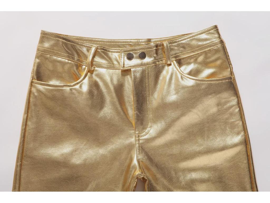 Trendy Herren-Lederhose im koreanischen Stil für Nachtclub-Friseursalons mit glänzendem Goldprägung