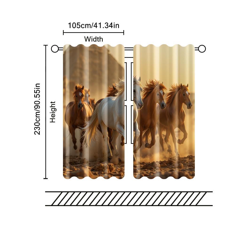 2 pcs, filtering curtains (excluding rods, non-movable, without batteries) Galloping Horses for use in bedrooms and living rooms