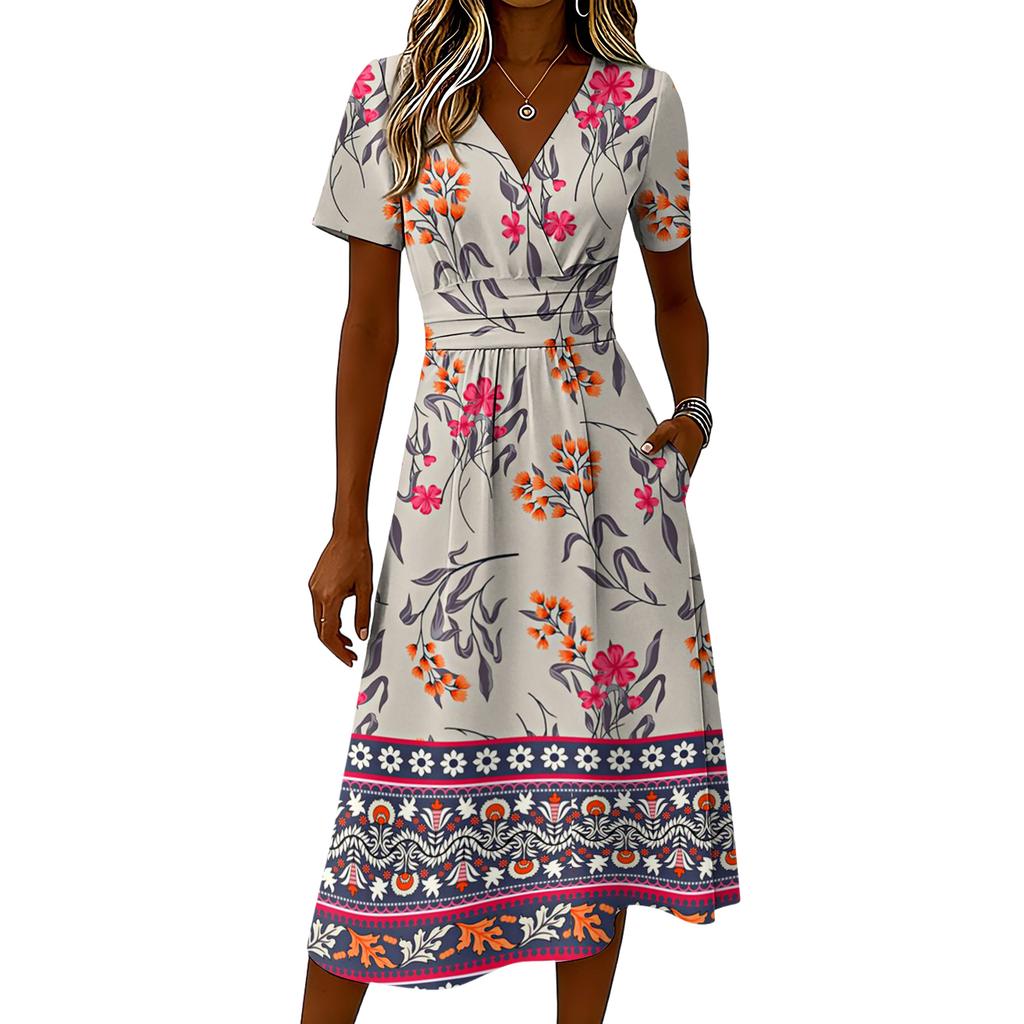 Damen-Kleid mit Blumenmuster, lässig und modisch, kurzärmelig, V-Ausschnitt