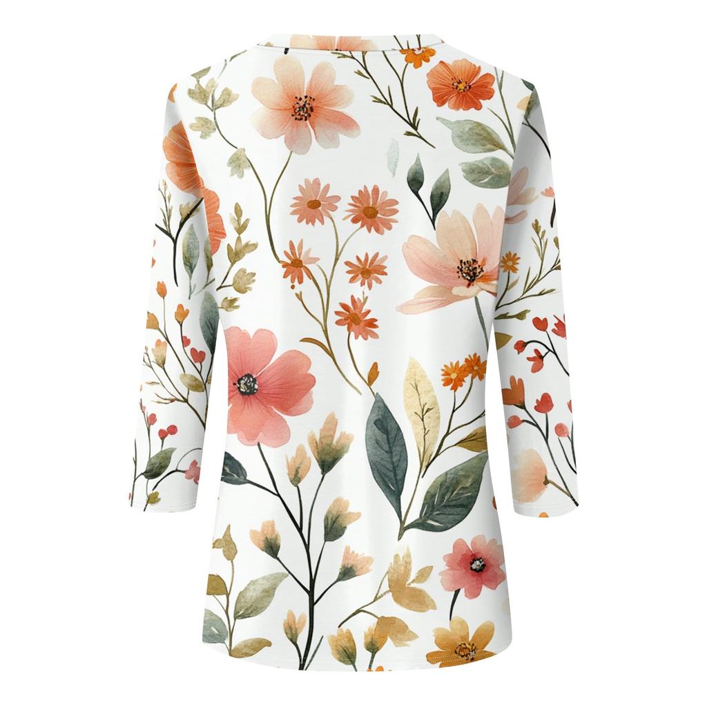 Women's Fashion Casual Round Neck Printed 3/4 T-shirt Top