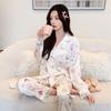 Ice Silk Pajamas Set for Women: Long Sleeve, Cartoon Print, Lace Trim, Korean Style