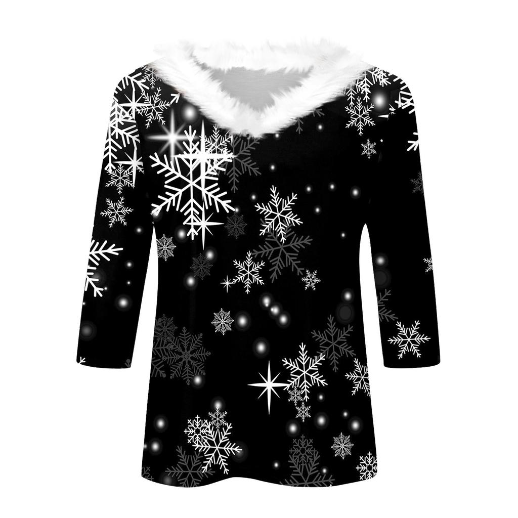 3/4-Ärmel-Shirts für Damen, weihnachtlich bedruckte Grafik-T-Shirts, Blusen, lässig, Übergröße, Basic-Oberteile mit Knopfleiste, Pullover
