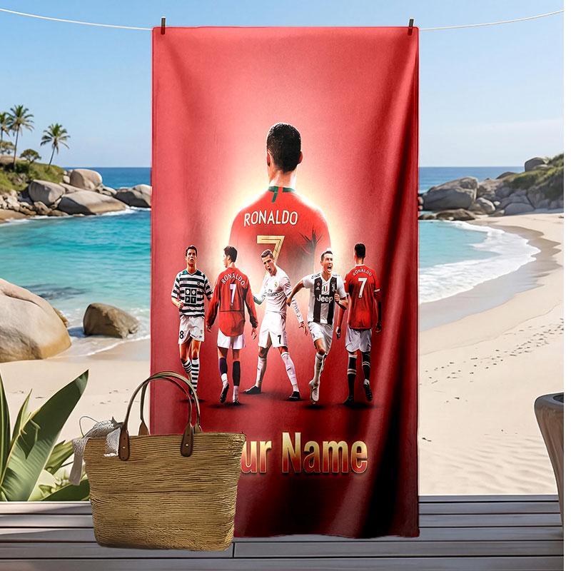 Asciugamano da Spiaggia Personalizzato Stampato Cristiano Ronaldo Logo Calcio Supporto Nome Personalizzato Testo Asciugamano Assorbente Per Sport Viaggio Regalo Speciale