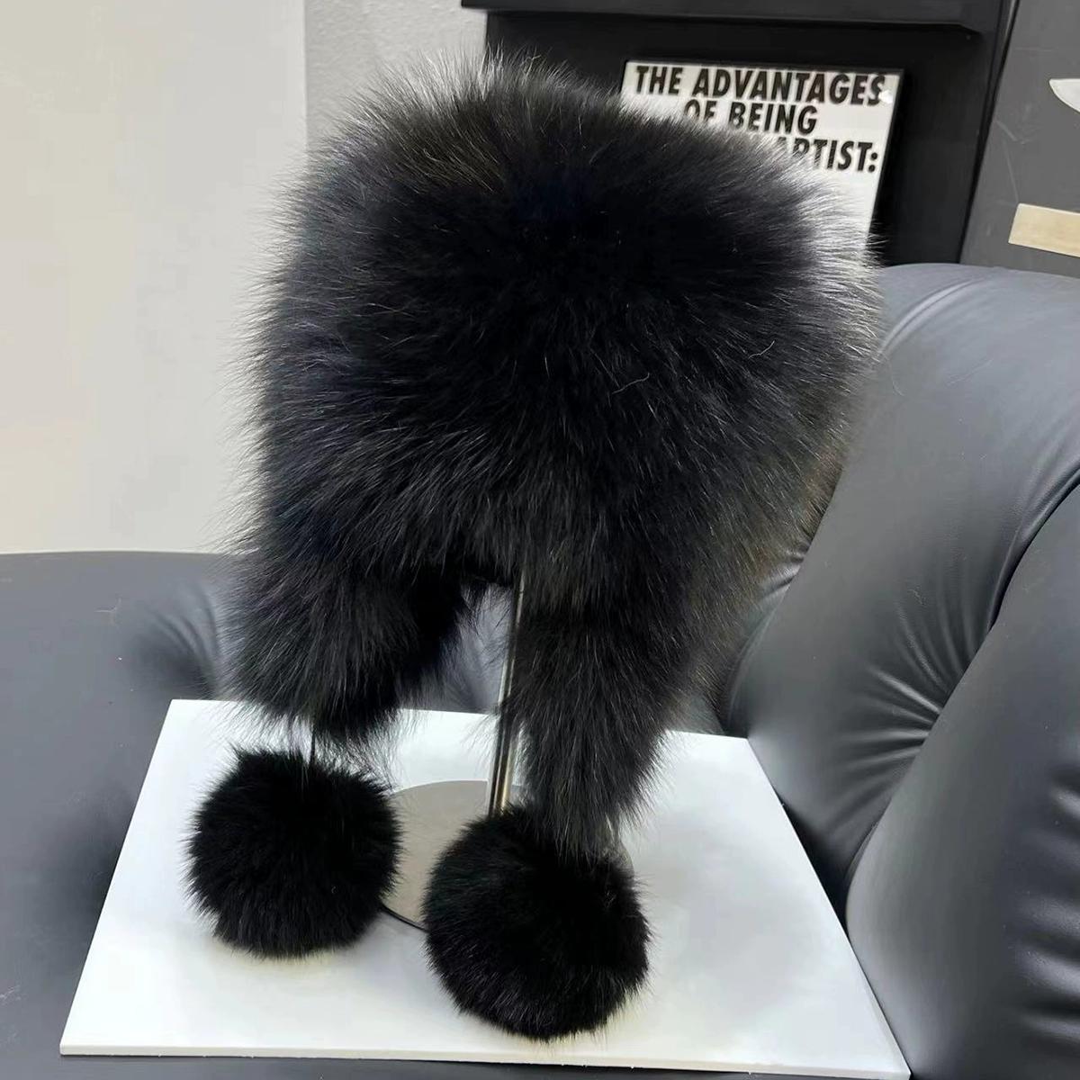 

Шапка для защиты ушей из натурального лисьего меха, утолщенная теплая вязаная шапка с мехом, милая шапка с помпоном, мультяшная велюровая шляпка One size fits all [elastic] чёрный