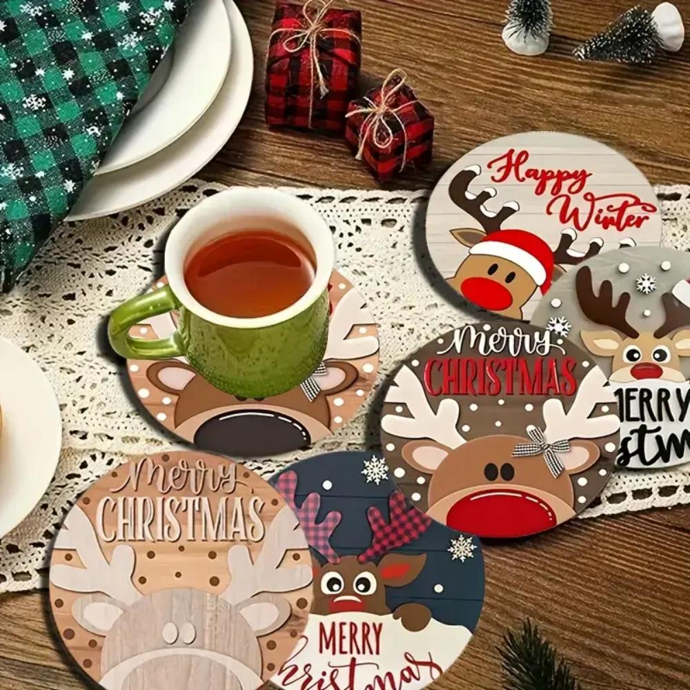 A Charming 6-piece Set of Wooden Christmas Coasters, Suitable for Round Design, Heat-resistant and Anti-slip - Ideal for Home De