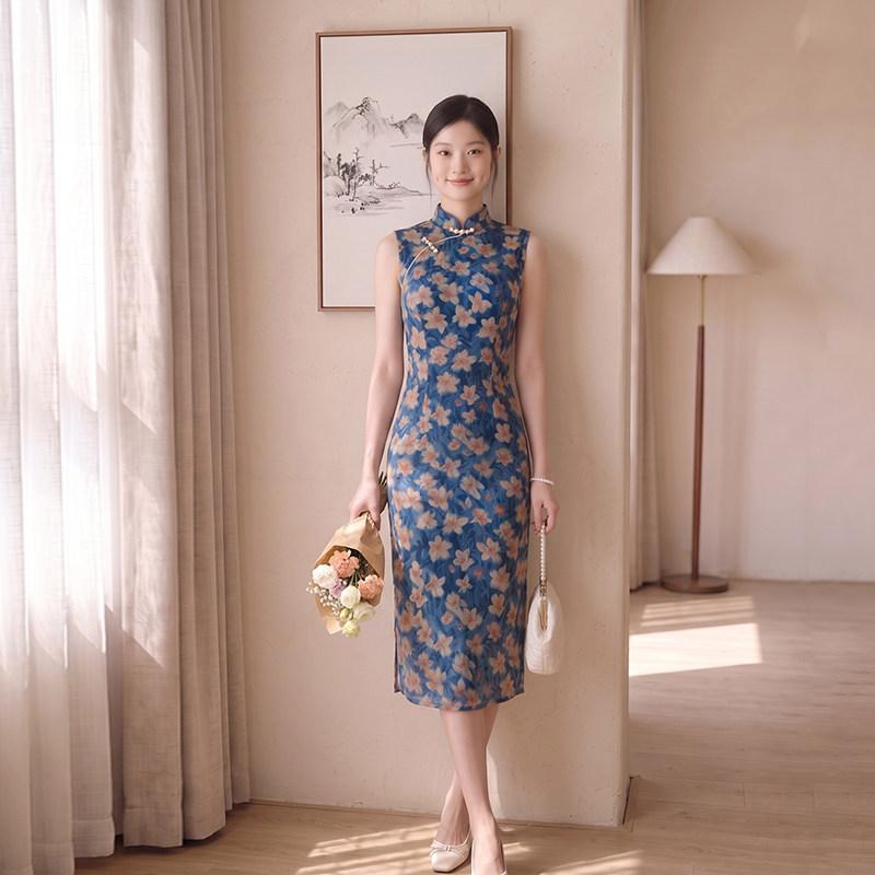 Niebieski bez rękawów styl narodowy nowy chiński codzienny Suzhou długa qipao ulepszona młoda 1011 nowa damska wysokie poczucie