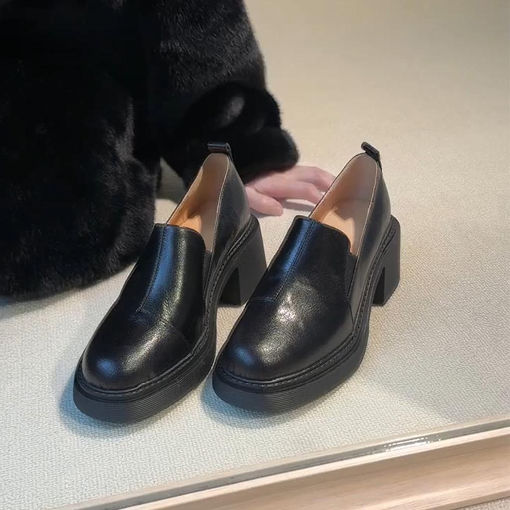 Sheepskin version~ High heel round head loafers women's black leather versatile small leather shoes fashionable one-pedal deep mouth single shoes