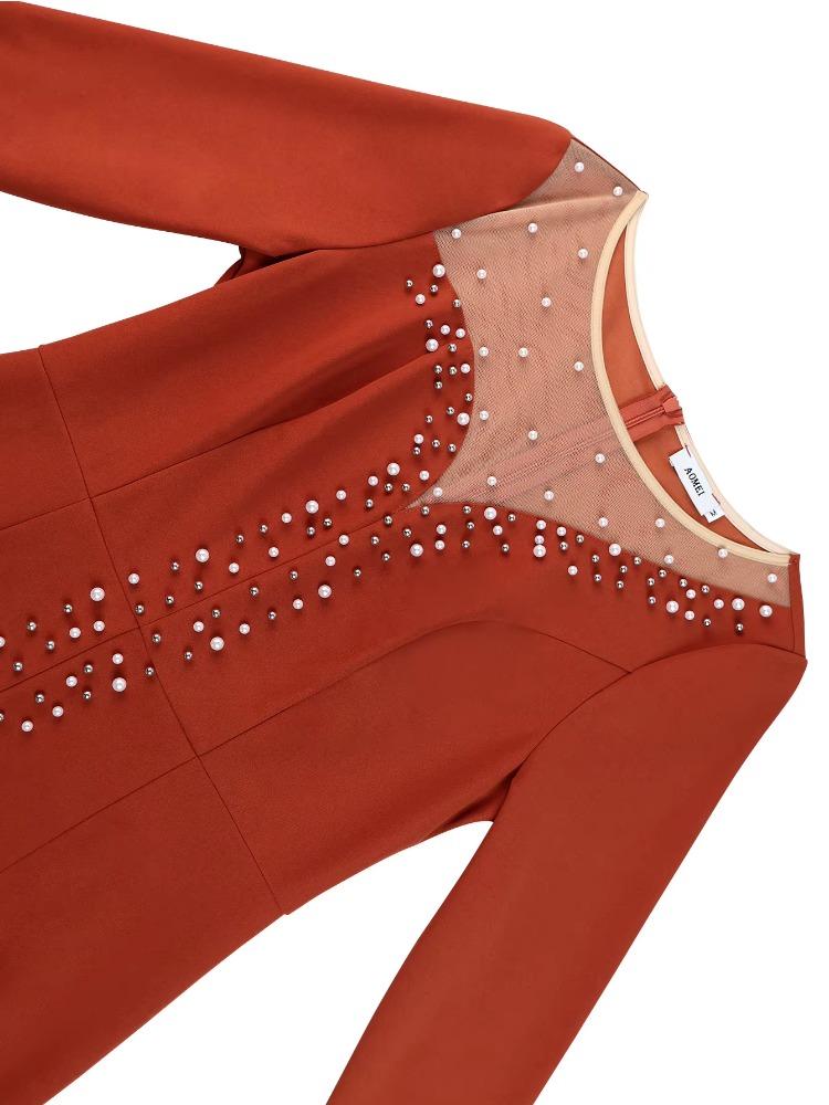 Elegant BrickRed Trumpet Dress Beading Patchwork Mesh Long Sleeve Sheer Slim Fit High Waist  Autumn Winter Party Dress