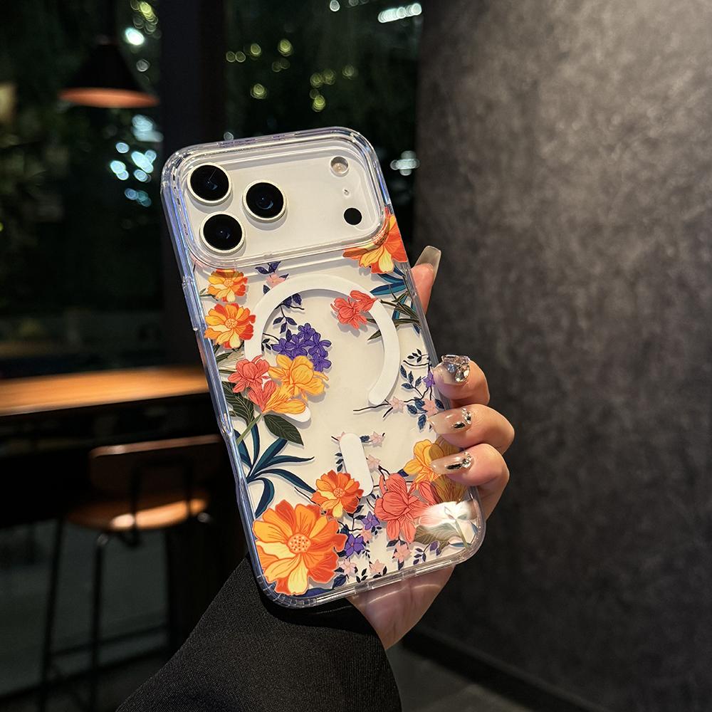 Flowers Element Design Transparent Magnetic Case for iPhone 12 16 15 14 13 17 Pro Max Air Wireless Charging For Magsafe Cover